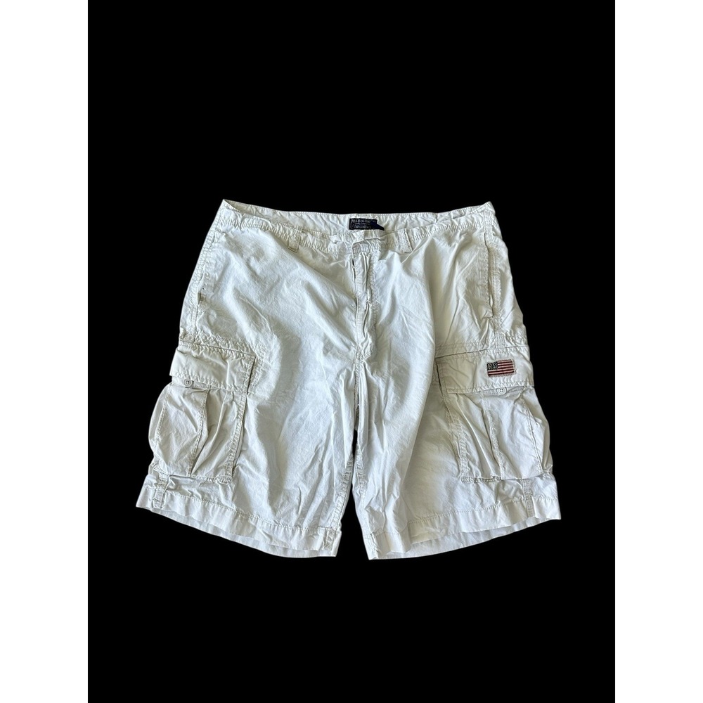 Polo Jeans Cargo Shorts Men USA Flag Pocket Distressed Sz 37 Khaki‎ White *flaw